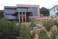 View of coastal garden and driveway plantings