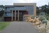 View of coastal garden and driveway plantings