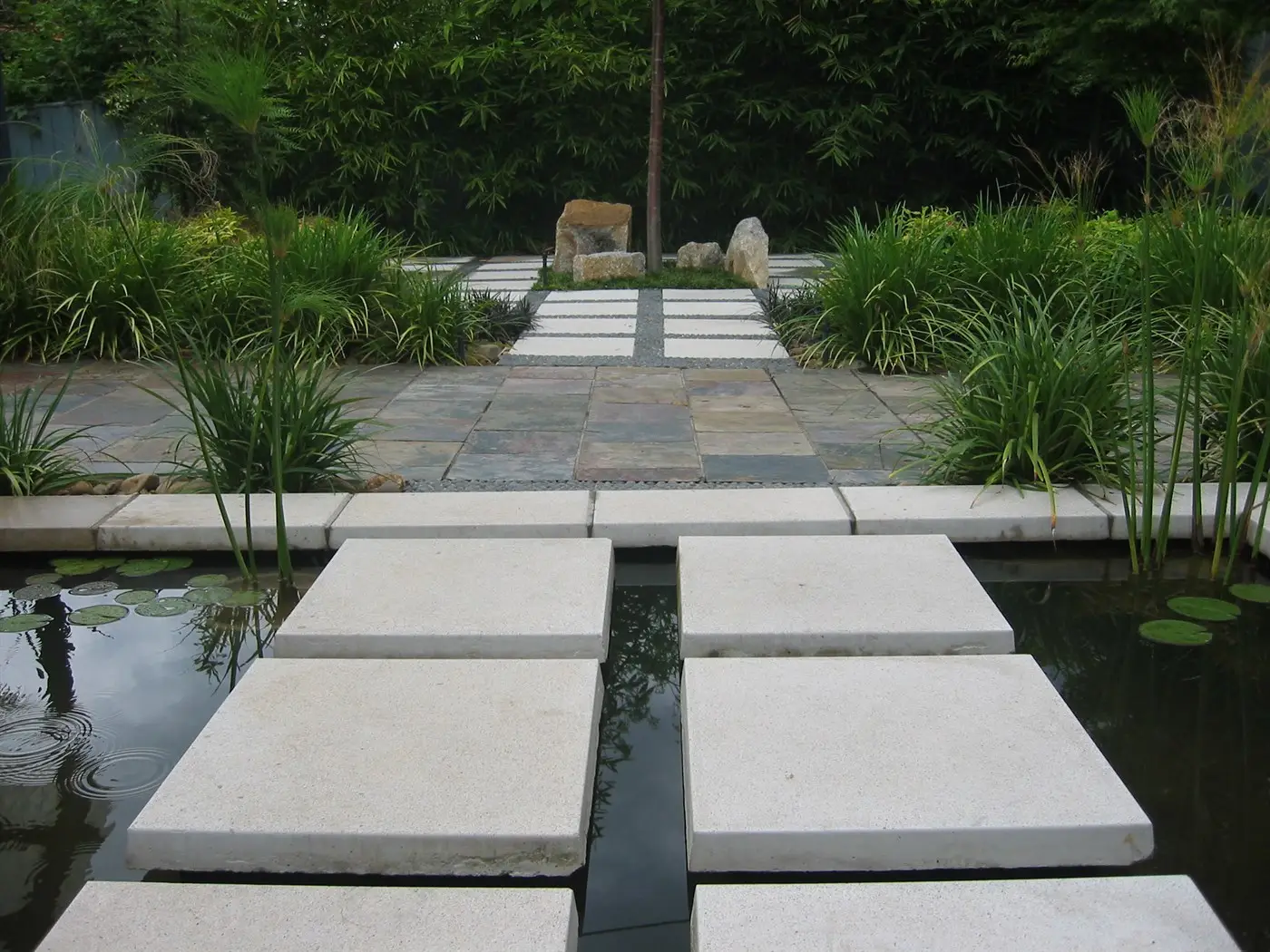 View across pond stepping stones