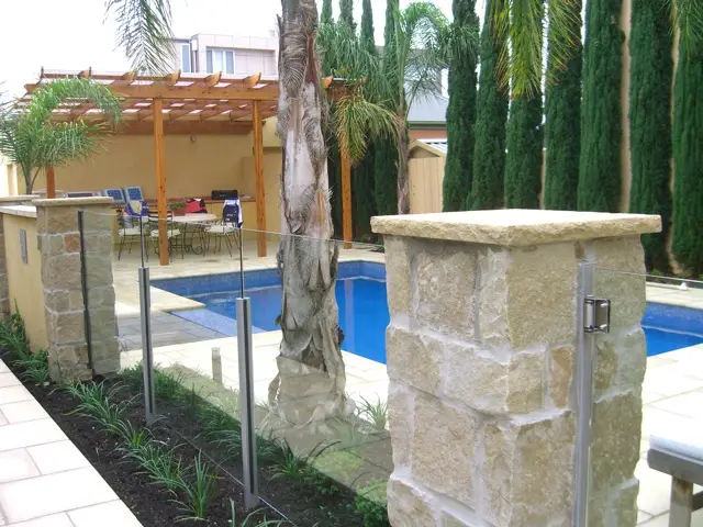 View of feature stone piers as part of pool fencing