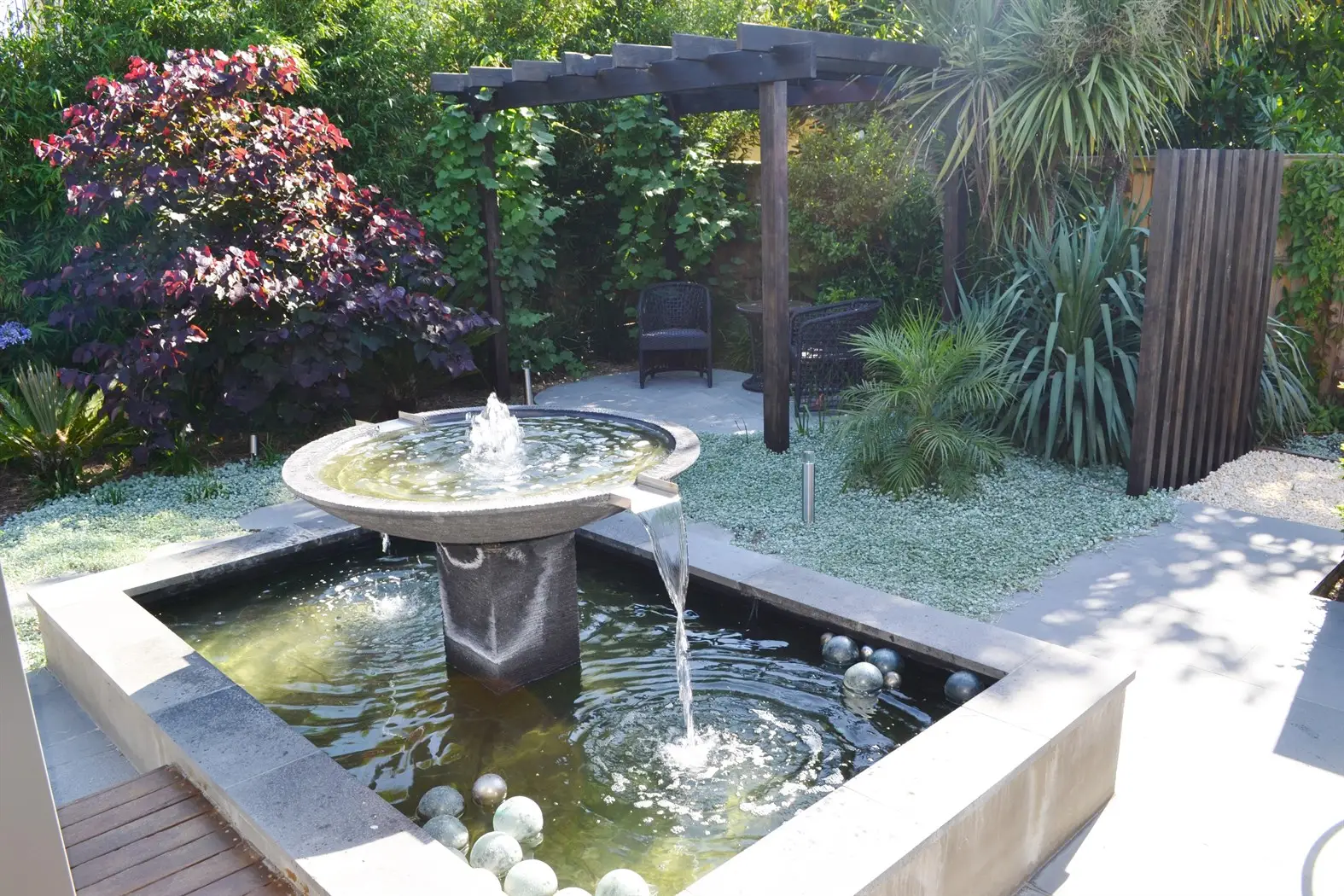 View of waterfeature & Pergola